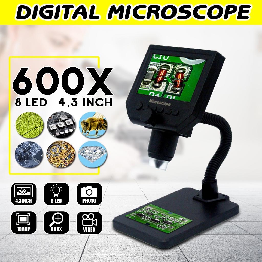 Sea Global 600X digitale microscoop Elektronische LCD digitale microscoop met hoge helderheid 8 LED's Telefoonreparatievergrootglas + metalen standaard