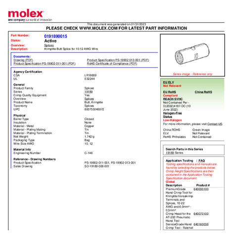 Molex 191890015 Stoßverbinder Bulk