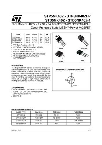 STMicroelectronics STD5NK40ZT4 MOSFET 1 N-kanaal 45 W TO-252 DPAK