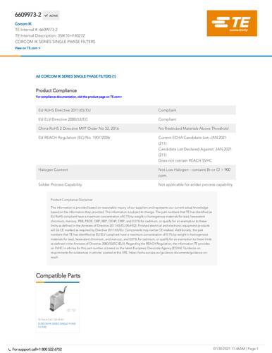 TE Connectivity 6609973-2 TE AMP Power Line Filters - Corcom 1 stuk(s) Package