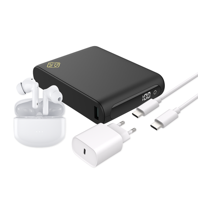 Cazy Powerbank 20.000mAh 22.5W + Draadloze Oordopjes met Noise Cancelling + 20W USB-C Lader + Lightning Kabel 75cm