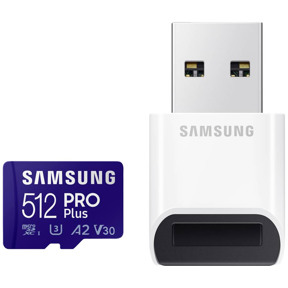 Samsung PRO Plus SDXC-kaart 512 GB Class 10 UHS-I, v30 Video Speed Class 4K-video-ondersteuning, A2-vermogensstandaard, Incl. USB-kaartlezer, Schokbestendig