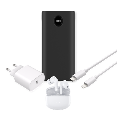 Cazy Powerbank 30.000mAh 22.5W - 2 x USB-A / 2 x USB-C + Draadloze Oordopjes + 20W USB-C Lader + Lightning Kabel 150cm