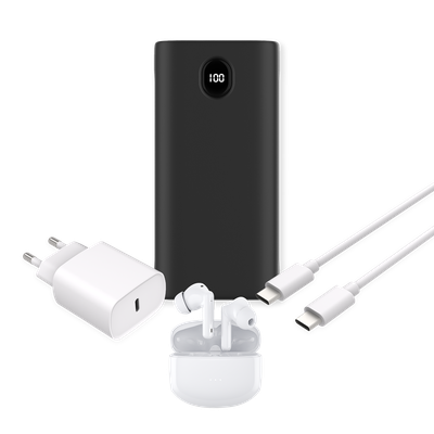 Cazy Powerbank 30.000mAh 22.5W - 2 x USB-A / 2 x USB-C + Draadloze Oordopjes + 20W USB-C Lader + USB-C Kabel 150cm