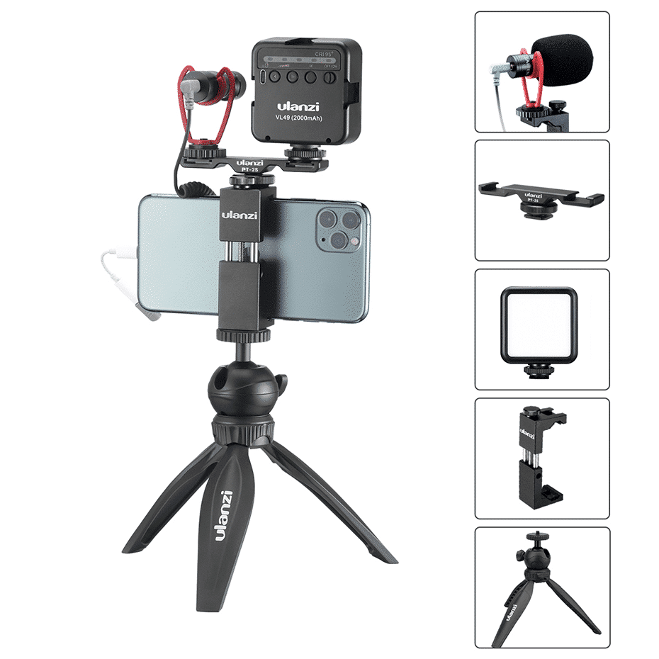 Ulanzi Smartphone vlog KIT EXTRA: mini-statief, telefoonhouder, dual cold shoe-mount, microfoon & LED-lamp