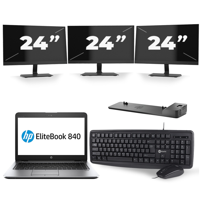 HP EliteBook 840 G3 - Intel Core i7-6e Generatie - 14 inch - 16GB RAM - 512GB SSD - Windows 11 + 3x 24 inch Monitor