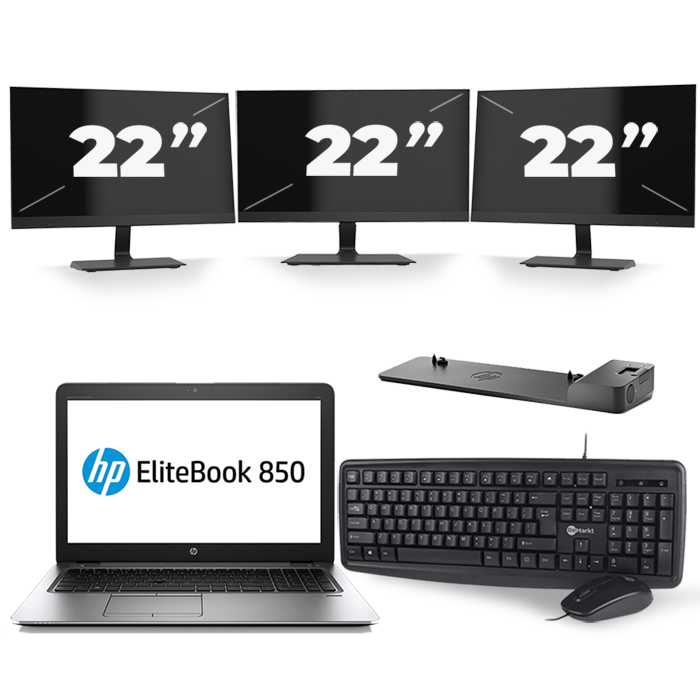 HP EliteBook 850 G3 - Intel Core i5-6e Generatie - 15 inch - 8GB RAM - 256GB SSD - Windows 11 + 3x 22 inch Monitor