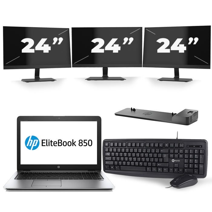 HP EliteBook 850 G3 - Intel Core i7-6e Generatie - 15 inch - 16GB RAM - 512GB SSD - Windows 11 + 3x 24 inch Monitor