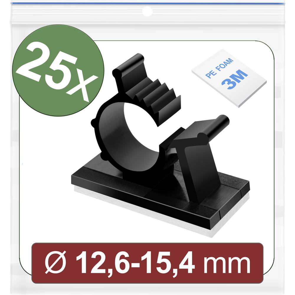 Quadrios 24CA452 Bevestigingssokkel Zelfklevend 24CA452 Bundel-Ø (bereik) 12.6 tot 15.4 mm Zwart 25 stuk(s)
