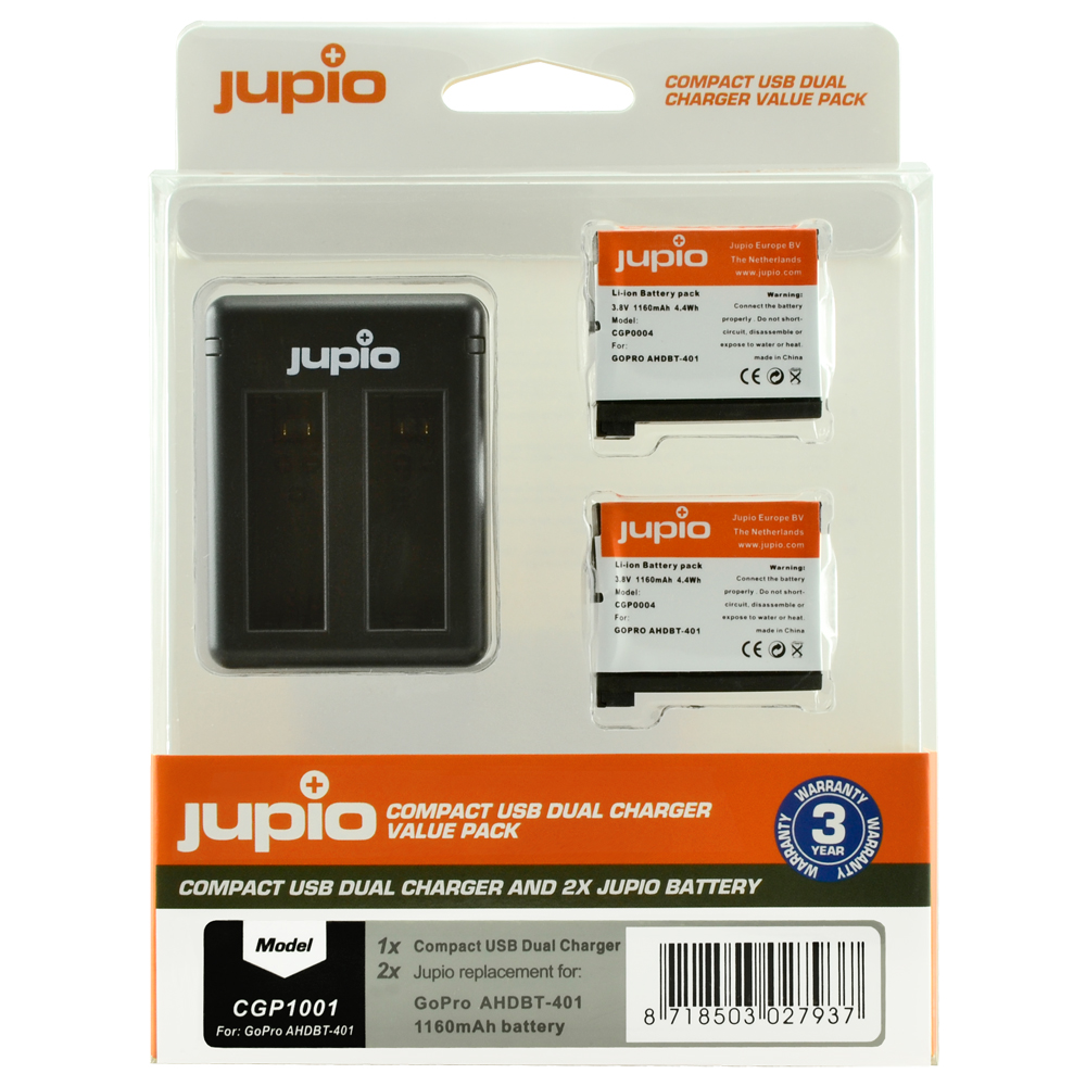Jupio Kit: 2 x camera-accu AHDBT-401 voor GoPro Hero4 1160mAh + Compacte USB Dual lader