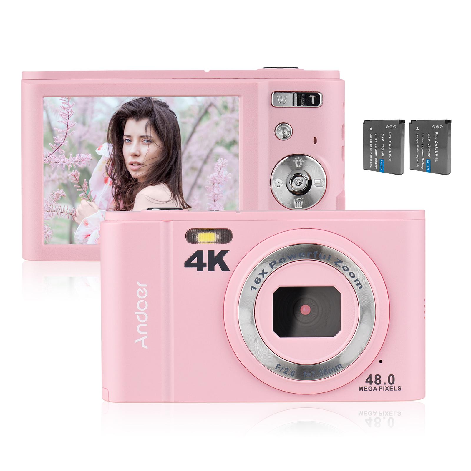 Andoer draagbare digitale camera 48 MP 4K 2,8-inch IPS-scherm 16X zoom Zelfontspanner 128 GB uitgebreid Without Memory Card roze