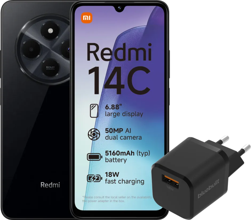 Xiaomi Redmi 14C 256GB Zwart 4G + BlueBuilt Oplader met Usb A Poort 18W Zwart