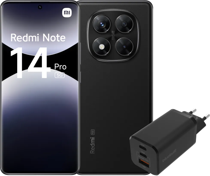 Xiaomi Redmi Note 14 Pro 256GB Zwart 5G + BlueBuilt Oplader met 3 Usb Poorten 65W Zwart