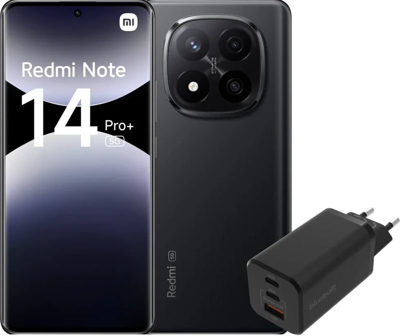 Xiaomi Redmi Note 14 Pro+ 512GB Zwart 5G + BlueBuilt Oplader met 3 Usb Poorten 65W Zwart