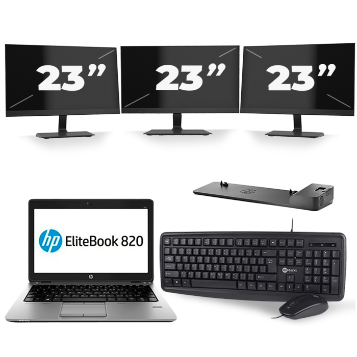 HP EliteBook 820 G1 - Intel Core i5-4e Generatie - 12 inch - 8GB RAM - 256GB SSD - Windows 11 + 3x 23 inch Monitor