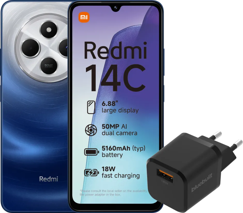 Xiaomi Redmi 14C 256GB Blauw 4G + BlueBuilt Oplader met Usb A Poort 18W Zwart