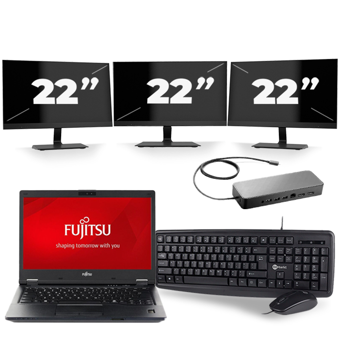 Fujitsu LifeBook E548 - Intel Core i3-7e Generatie - 14 inch - 8GB RAM - 256GB SSD - Windows 11 + 3x 22 inch Monitor