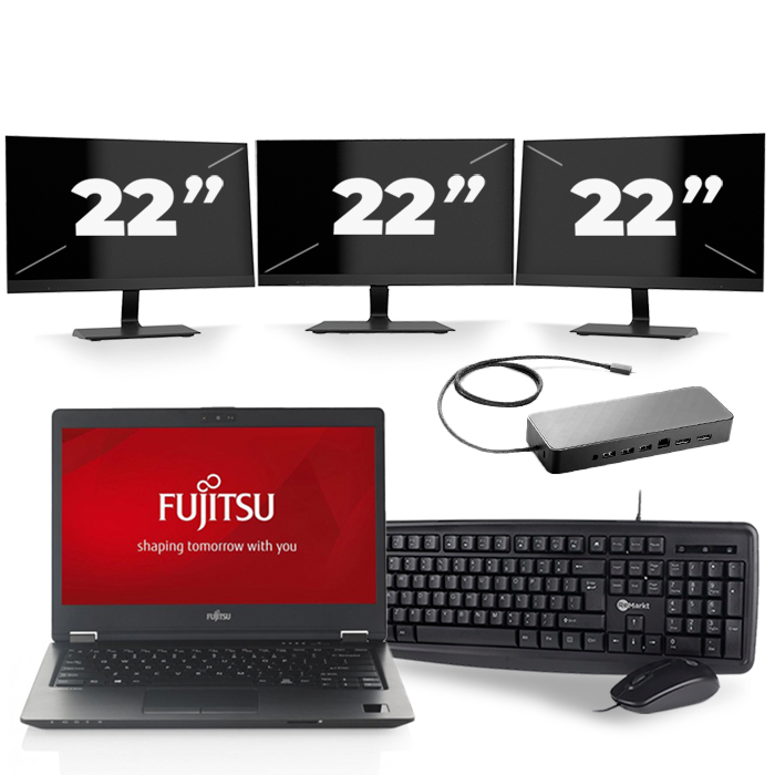 Fujitsu LifeBook U747 - Intel Core i5-6e Generatie - 14 inch - 8GB RAM - 256GB SSD - Windows 11 + 3x 22 inch Monitor