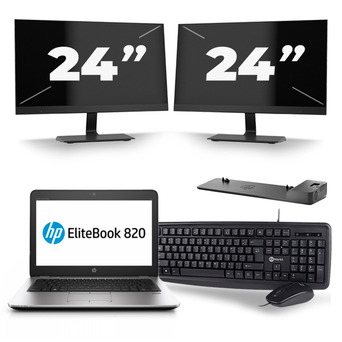 HP EliteBook 820 G4 - Intel Core i5-7e Generatie - 12 inch - 8GB RAM - 256GB SSD - Windows 11 + 2x 24 inch Monitor