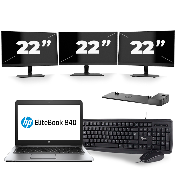 HP EliteBook 840 G4 - Intel Core i5-7e Generatie - 14 inch - 8GB RAM - 256GB SSD - Windows 11 + 3x 22 inch Monitor