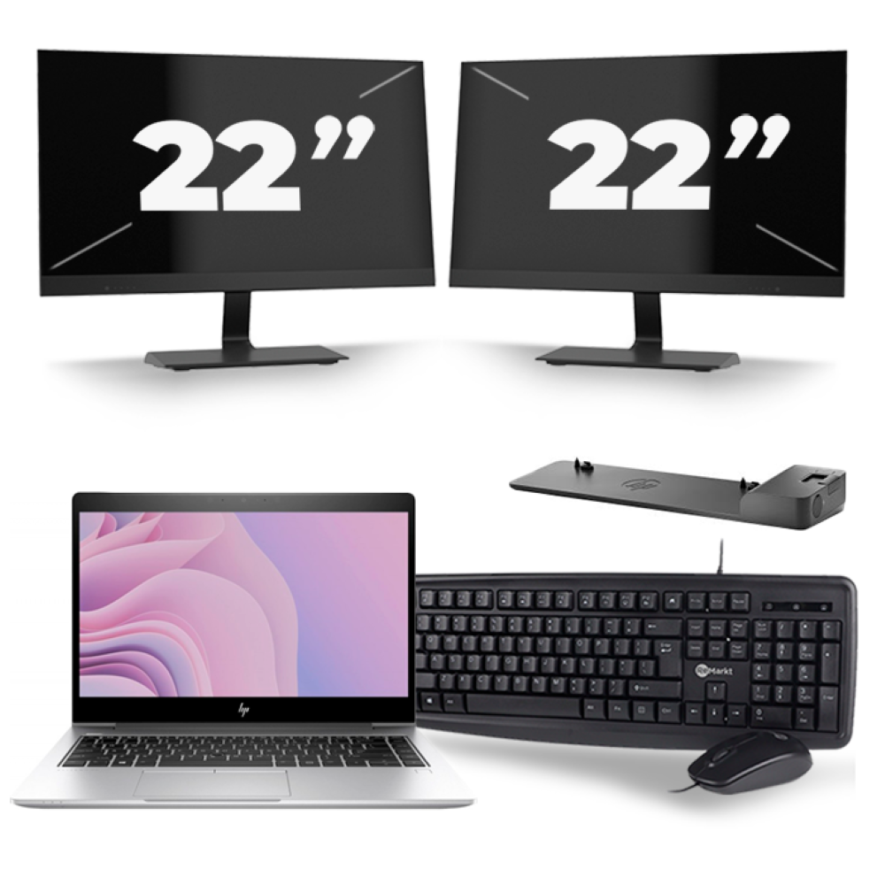 HP EliteBook 840 G6 - Intel Core i7-8e Generatie - 14 inch - 16GB RAM - 512GB SSD - Windows 11 + 2x 22 inch Monitor