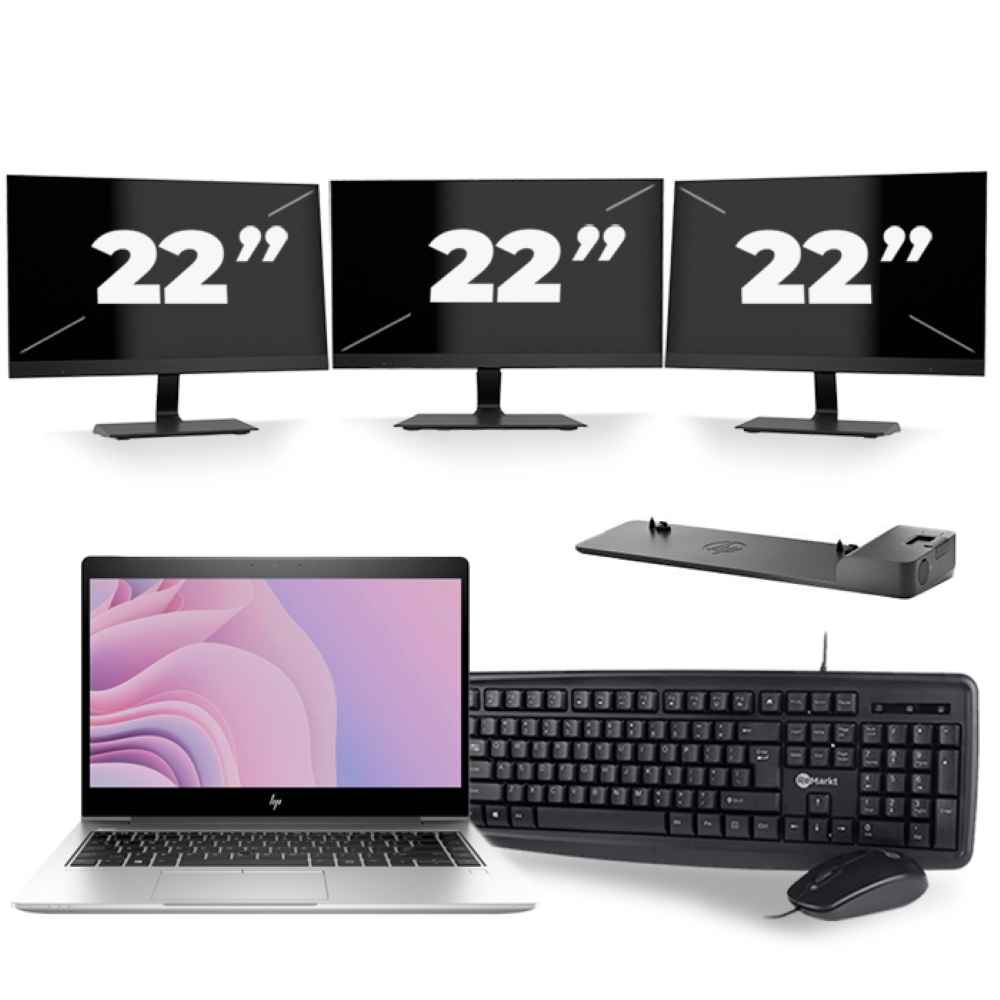 HP EliteBook 840 G6 - Intel Core i7-8e Generatie - 14 inch - 16GB RAM - 512GB SSD - Windows 11 + 3x 22 inch Monitor