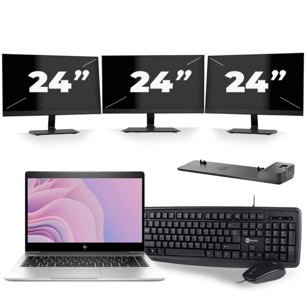 HP EliteBook 840 G6 - Intel Core i7-8e Generatie - 14 inch - 16GB RAM - 512GB SSD - Windows 11 + 3x 24 inch Monitor