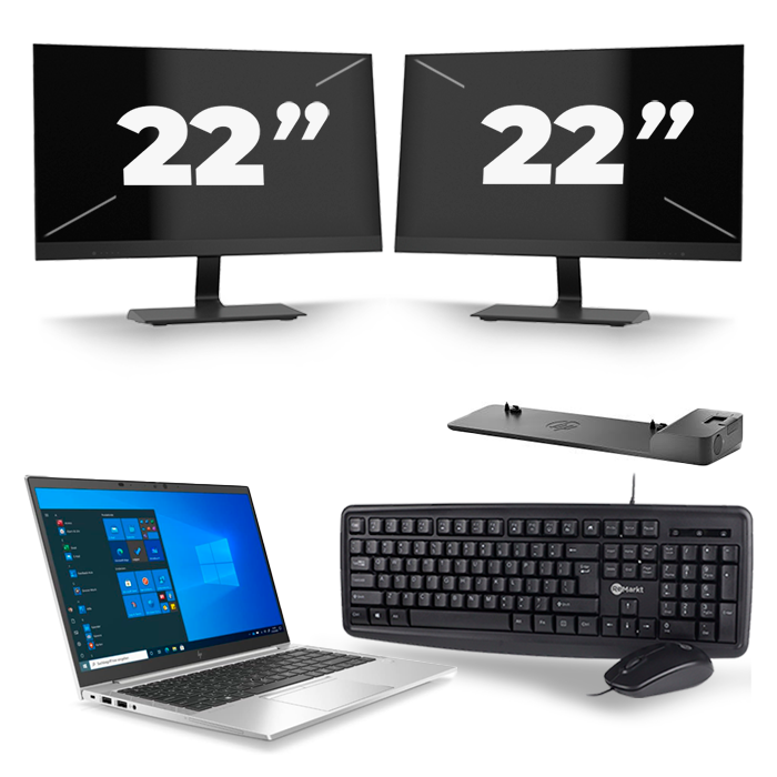 HP EliteBook 845 G7 - AMD Ryzen 7 PRO 4750U - 14 inch - 16GB RAM - 512GB SSD - Windows 10 Home + 2x 22 inch Monitor