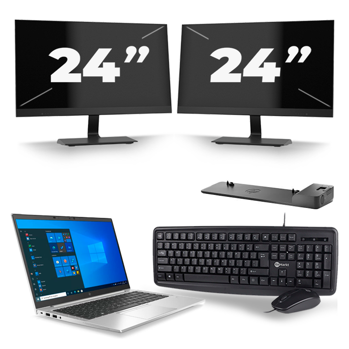 HP EliteBook 845 G7 - AMD Ryzen 3 Pro 4450U - 14 inch - 16GB RAM - 512GB SSD - Windows 10 Home + 2x 24 inch Monitor