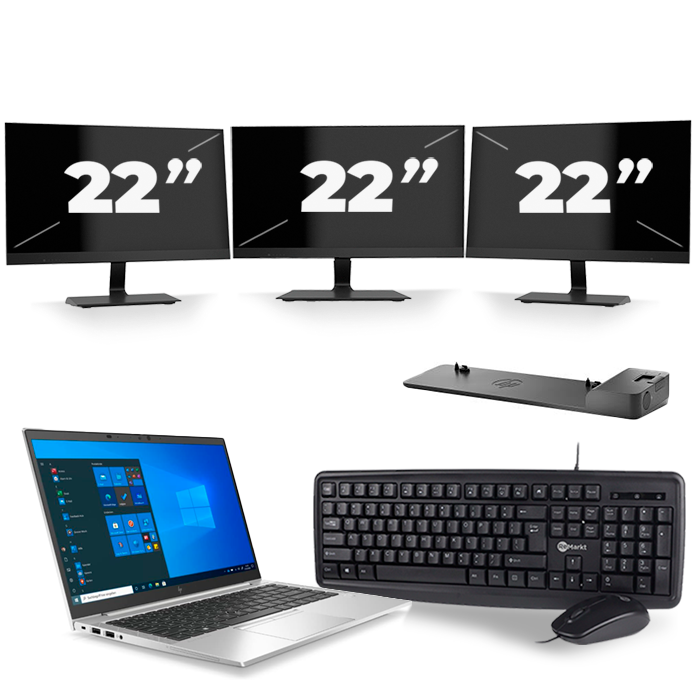 HP EliteBook 845 G7 - AMD Ryzen 7 PRO 4750U - 14 inch - 16GB RAM - 512GB SSD - Windows 10 Home + 3x 22 inch Monitor