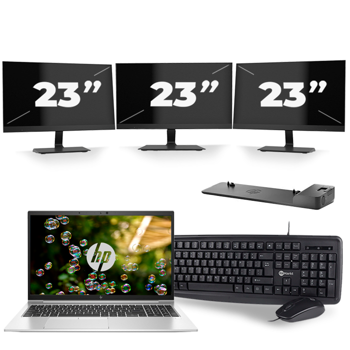HP EliteBook 855 G7 - AMD Ryzen 3 Pro 4450U - 15 inch - 16GB RAM - 512GB SSD - Windows 10 Home + 3x 23 inch Monitor
