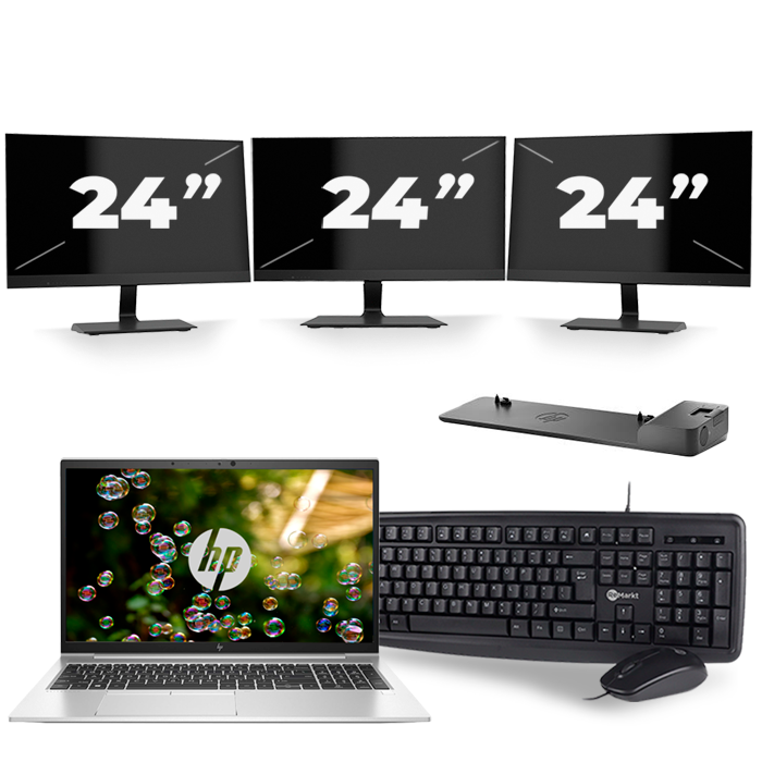 HP EliteBook 855 G7 - AMD Ryzen 3 Pro 4450U - 15 inch - 16GB RAM - 512GB SSD - Windows 10 Home + 3x 24 inch Monitor