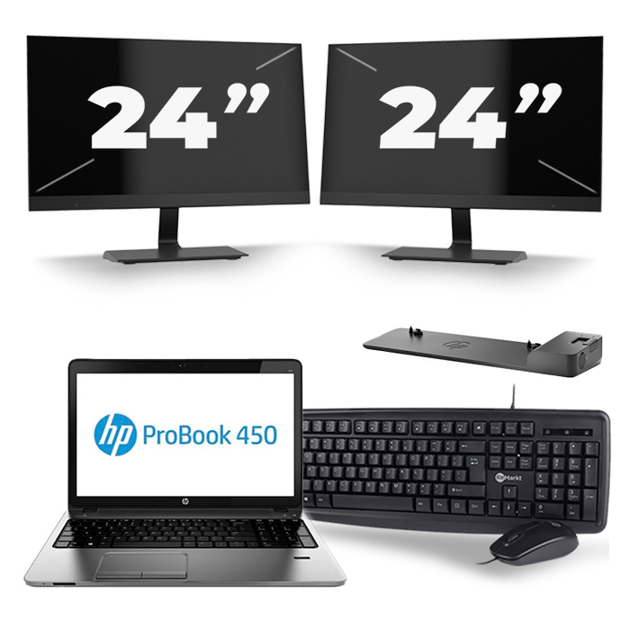 HP ProBook 450 G2 - Intel Core i3-4e Generatie - 15 inch - 8GB RAM - 256GB SSD - Windows 11 + 2x 24 inch Monitor