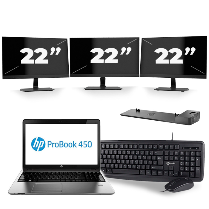 HP ProBook 450 G2 - Intel Core i3-4e Generatie - 15 inch - 8GB RAM - 256GB SSD - Windows 11 + 3x 22 inch Monitor