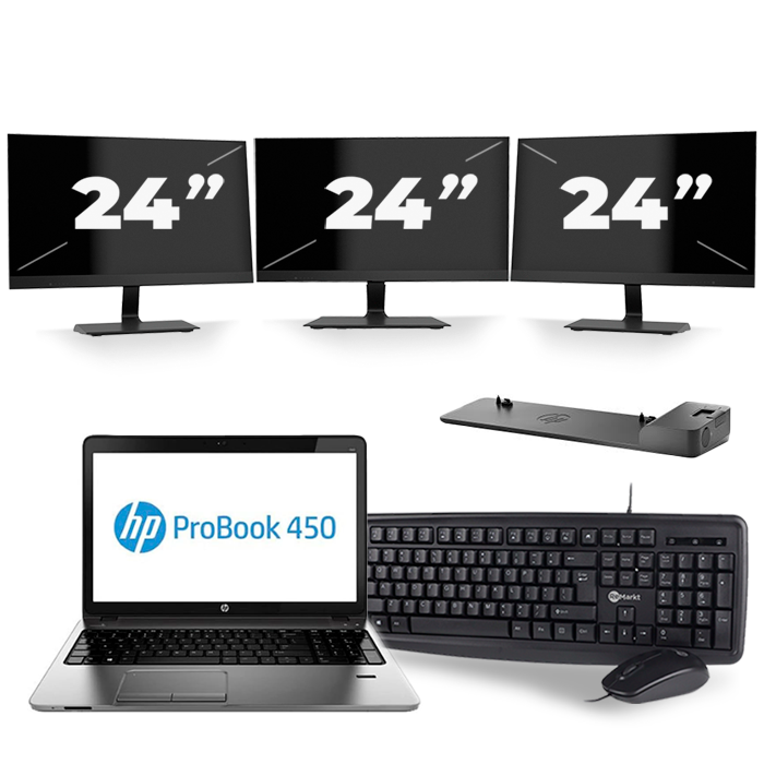 HP ProBook 450 G2 - Intel Core i3-4e Generatie - 15 inch - 8GB RAM - 256GB SSD - Windows 11 + 3x 24 inch Monitor