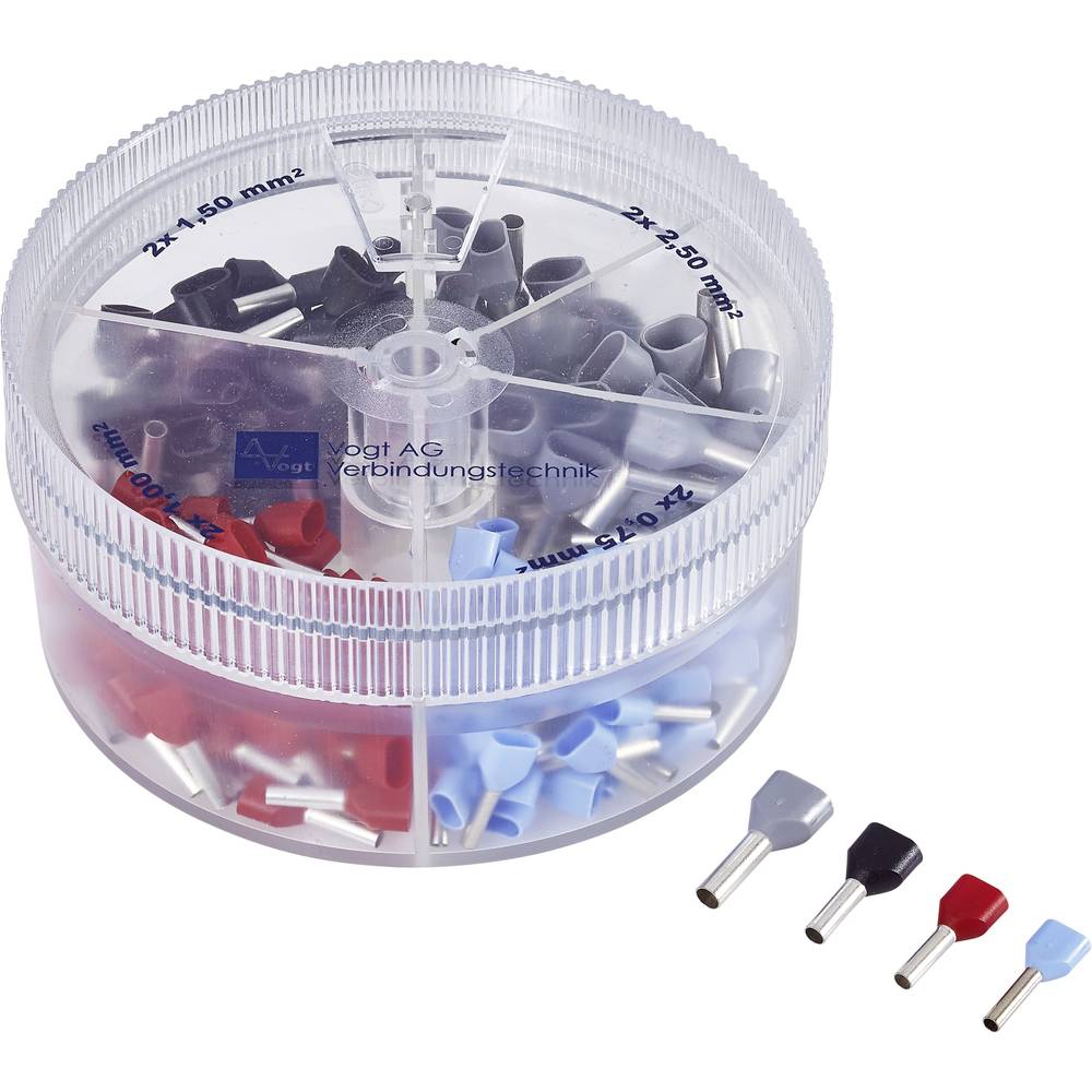 Vogt Verbindungstechnik 737023 Assortiment dubbele adereindhulzen 0.75 mm², 1 mm², 1.5 mm², 2.5 mm² Deels geïsoleerd Wit, Geel, Rood, Blauw 200 stuk(s)