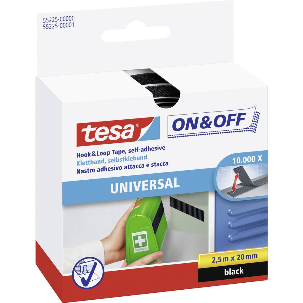 TESA On & Off 55225-00-01 Klittenband Om vast te plakken Haak- en lusdeel (l x b x h) 2500 mm x 20 mm x 2.5 m Zwart 1 stuk(s)