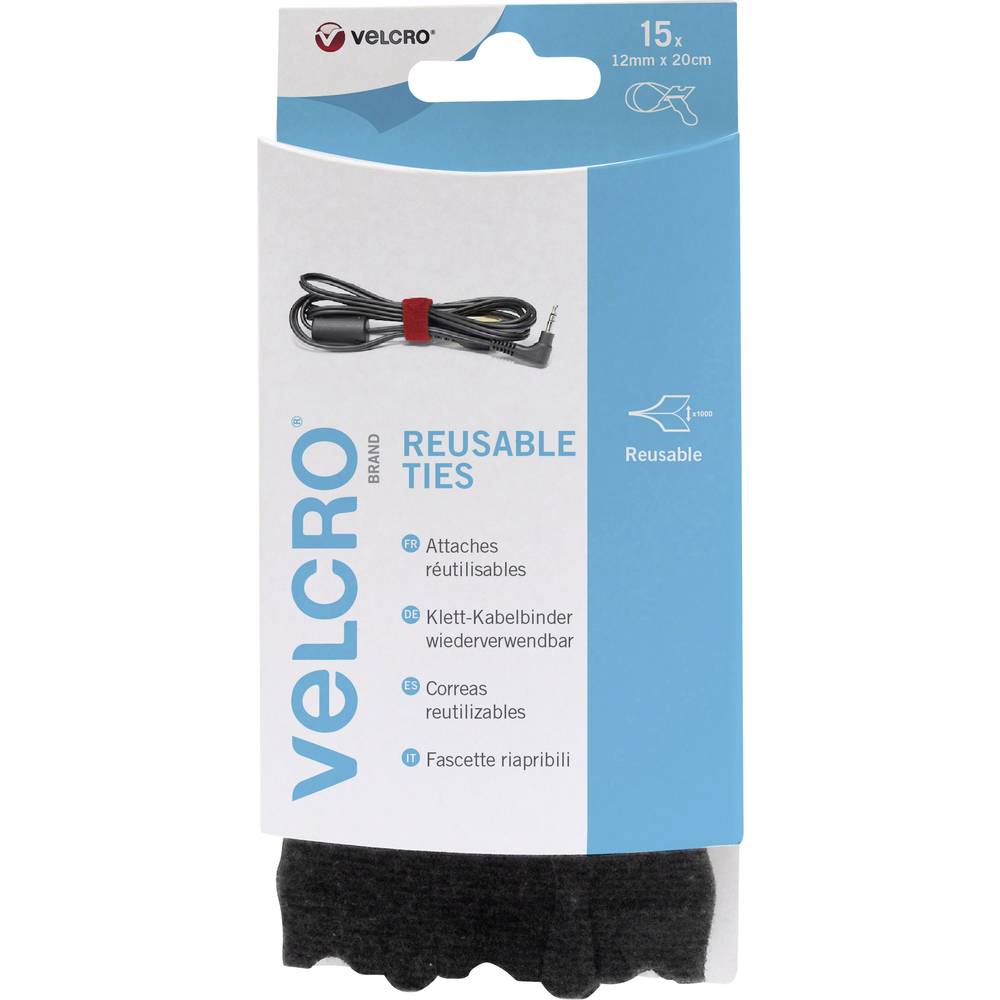 VELCRO VEL-EC60466 Klittenband kabelbinder Om te bundelen Haak- en lusdeel (l x b) 200 mm x 12 mm Zwart 15 stuk(s)