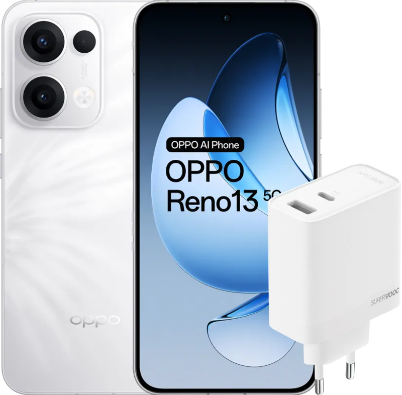 Oppo Reno13 256GB Wit 5G +  SuperVOOC Oplader 80W met 2 Poorten