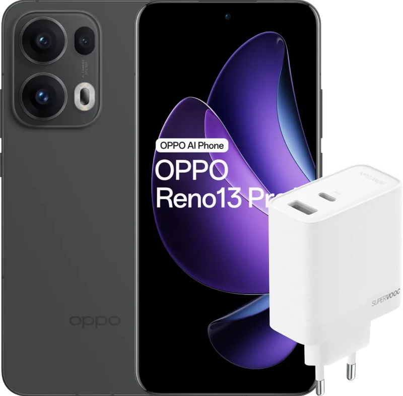 Oppo Reno13 Pro 512GB Zwart 5G +  SuperVOOC Oplader 80W met 2 Poorten