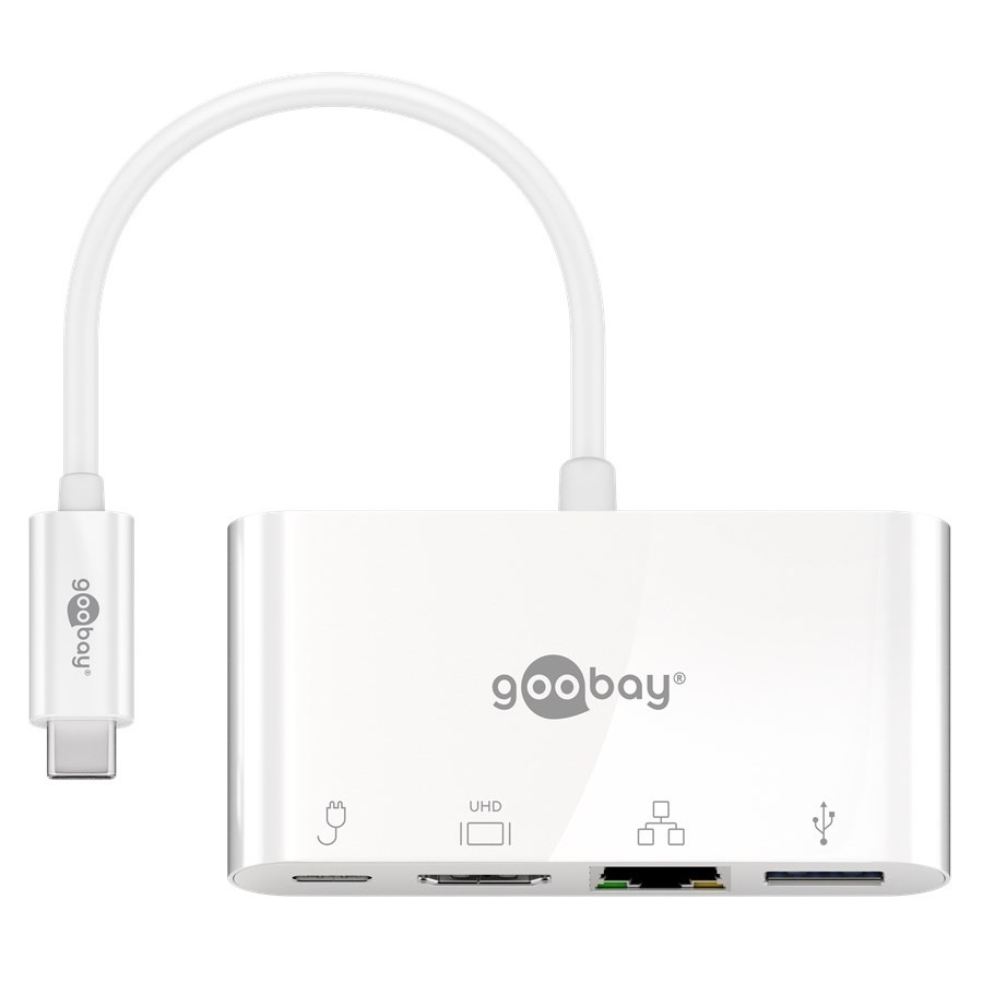 Goobay USB-C naar HDMI 4K 30Hz, USB-A, USB-C PD 60W en RJ45 adapter / wit - 0,15 meter