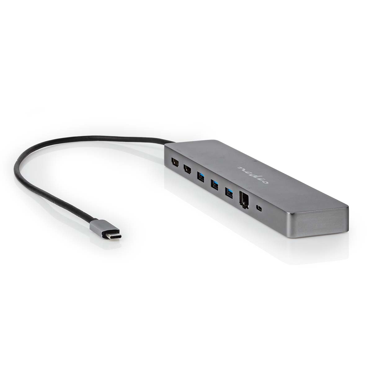 Nedis USB-C - 2x HDMI 4K 60Hz, USB-A, USB-C PD 100W, RJ45, 3,5mm en (Micro) SD adapter | grijs | 0,40 meter