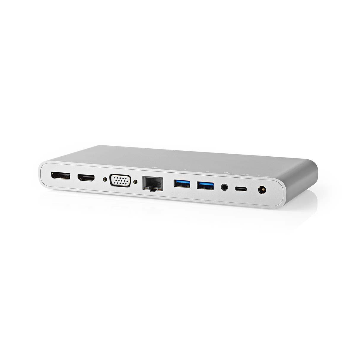 Nedis Premium USB-C naar HDMI, DisplayPort, VGA, 3,5mm, RJ45, USB-A en USB-C docking station met DP Alt Mode / aluminium - 0,20 meter