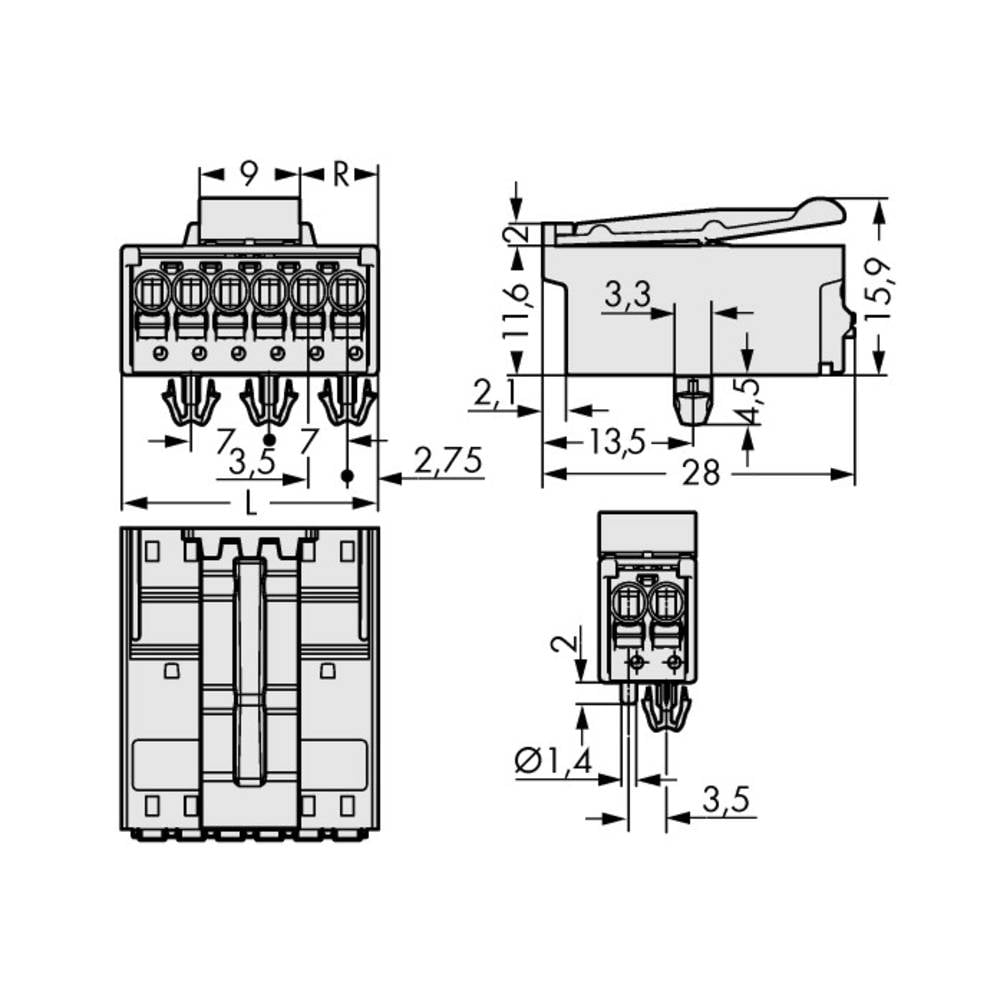 WAGO 2091-1528/020-000 Male behuizing (board) 2091 Totaal aantal polen: 8 Rastermaat: 3.50 mm Inhoud: 100 stuk(s)