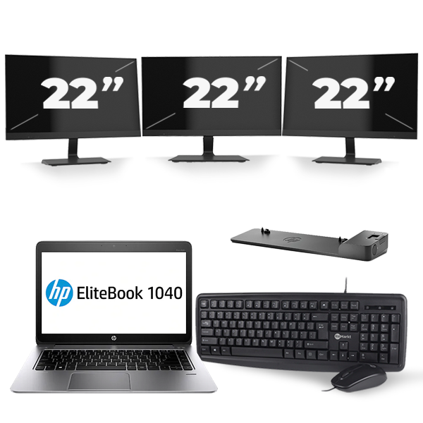 HP EliteBook Folio 1040 G3 - Intel Core i5-6e Generatie - 14 inch - 8GB RAM - 256GB SSD - Windows 11 + 3x 22 inch Monitor