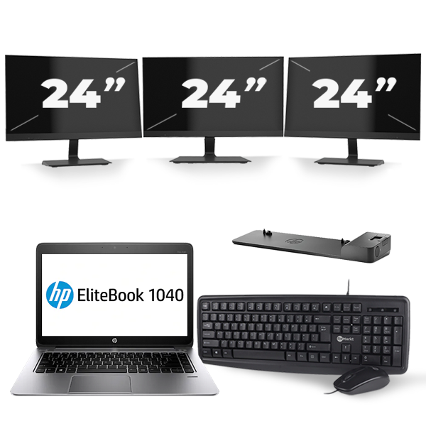 HP EliteBook Folio 1040 G3 - Intel Core i5-6e Generatie - 14 inch - 8GB RAM - 256GB SSD - Windows 11 + 3x 24 inch Monitor