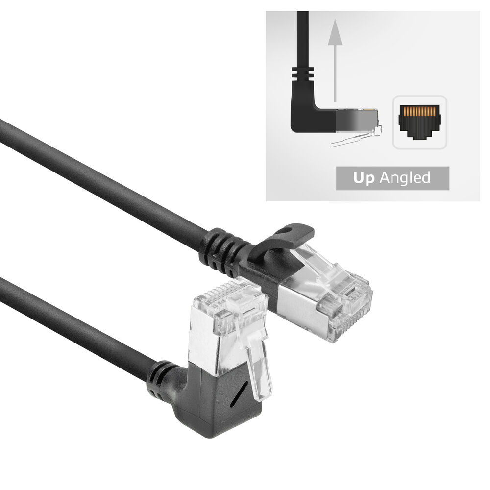 ACT DA4901 U/FTP CAT6A LSZH Slimline Patchkabel | RJ45 Connectoren Recht naar 90° Haaks Boven | Zwart | 1 meter