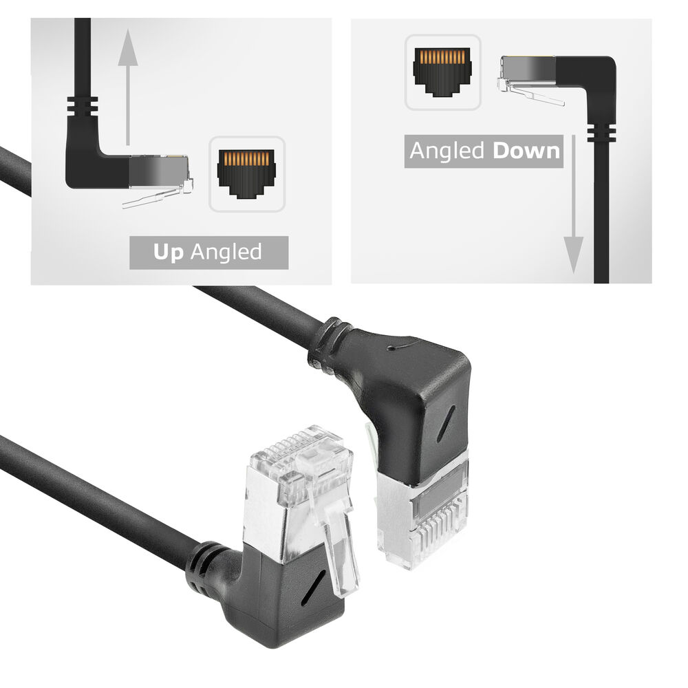 ACT DA7952 U/FTP CAT6A LSZH Slimline Patchkabel | RJ45 Connectoren 90° Haaks Beneden naar 90° Haaks Boven | Zwart | 25 cm