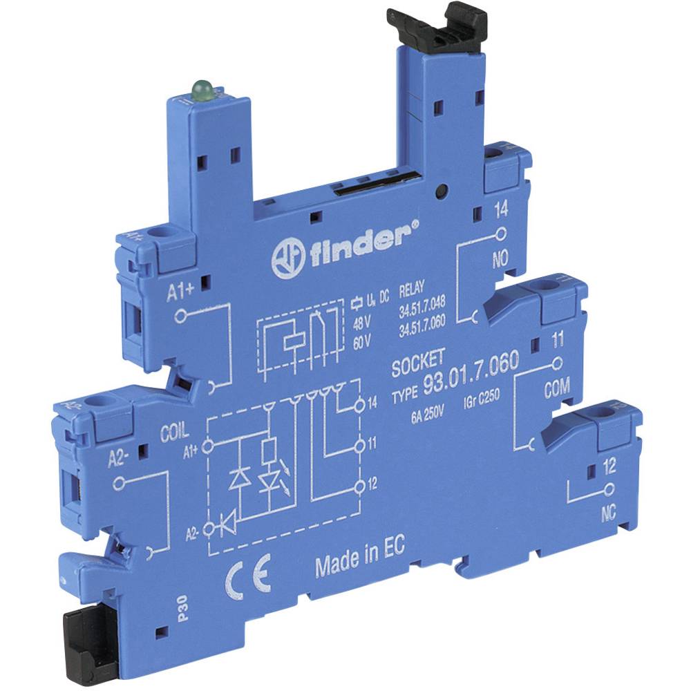 Finder 93.01.7.060 Relaissocket Met houderbeugel, Met LED, Met EMC-ontstoringsschakeling Geschikt voor serie:  serie 34 (l x b x h) 88 x 6.2 x 76 mm Tray