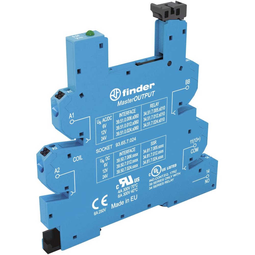Finder 93.65.7.024 Relaissocket Met houderbeugel, Met LED, Met EMC-ontstoringsschakeling Geschikt voor serie:  serie 34  34.51,  34.81 Tray 1